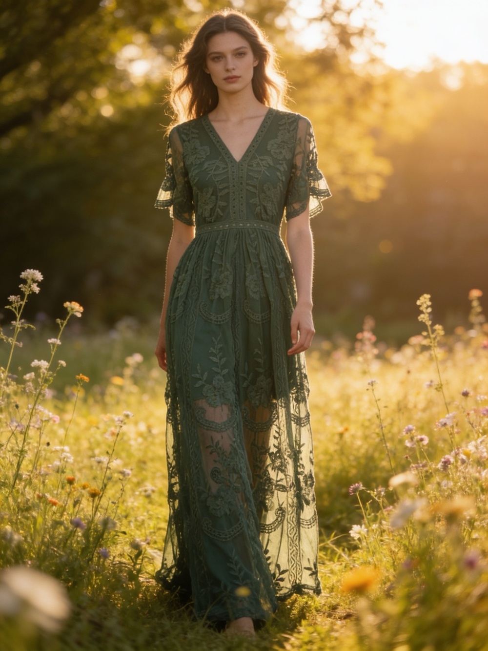 Altar'd State Dark Green Lace Overlay V-Neck Maxi Dress